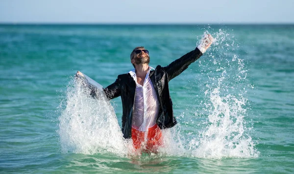 stock image successful manager business man on summer vacation. Summer weekend and remote freelance work. business man with laptop. Business man manager on summer trip. Summer business.