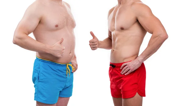 瘦身后肥胖前的剪下来的照片 肥胖前瘦身后比较孤立于白种人 减肥后的肥胖前 在工作室的男人 对男人的先见之明 — 图库照片