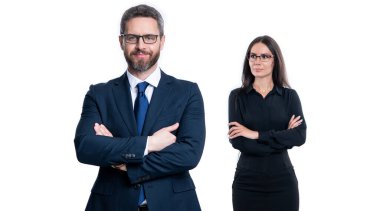 İş arkadaşlarının fotoğrafı profesyonellerin gülümsemesi. İş arkadaşları beyaz arka planda izole edilmiş. Stüdyodaki iş arkadaşları. Formalite icabı iş arkadaşları..