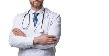 Kardiyolog erkek doktorun fotoğrafı. Beyazda izole edilmiş doktor görüşü. Stüdyoda doktor. arka plandaki doktor.