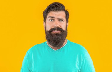 Arka planda korkmuş sakallı adamın portresi. Sakallı adamın portresi. Sarıda izole edilmiş sakallı adamın portresi. Stüdyodaki sakallı adamın portresi..