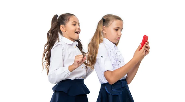 Vuelta Escuela Niñas Niños Teniendo Selfie Tiempo Amigos Escuela Blogueando — Foto de Stock