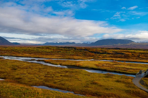 Syksyllä Luonto Islantilaisen Maiseman Luontojuttu Thingvellir Park Joki Joki Syksyllä — kuvapankkivalokuva