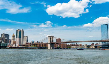 Brooklyn 'deki tarihi köprünün mimarisi. şehir köprüsü mimarisi. Manhattan 'daki Brooklyn Köprüsü' nün manzarası. New York 'taki Brooklyn Köprüsü. Brooklyn 'de panoramik manzara. panorama.