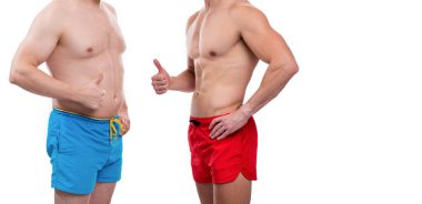 Zayıfladıktan sonra obeziteden önceki insanlara bakış açısı, afiş. Zayıflamadan önceki obezite fotoğrafı. Zayıflamadan önce obezite üstüne zayıflama beyazla karşılaştırılır. Obeziteden önce erkekleri zayıflatmaktan sonra
