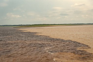Nehir akışının doğal su manzarası. Seyahat yeri olarak doğa su manzarası. Amazon ve Rio Negro nehirlerinin doğal su manzarası. Doğanın sularla buluşan su manzarasının fotoğrafı..