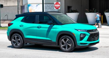Miami Beach, Florida USA - April 15, 2021: blue chevrolet trailblazer RS suv vehicle, side view.