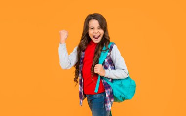 successful kid has long curly hair carry school backpack on yellow background, knowledge.