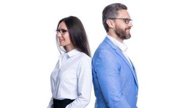 İşletme patronu ve çalışanının profil fotoğrafı. İşletme patronu ve çalışanı beyaz arka planda izole edilmiş. Stüdyoda iş patronu ve çalışanı. Bir çift iş patronu ve resmi kıyafet işçisi..