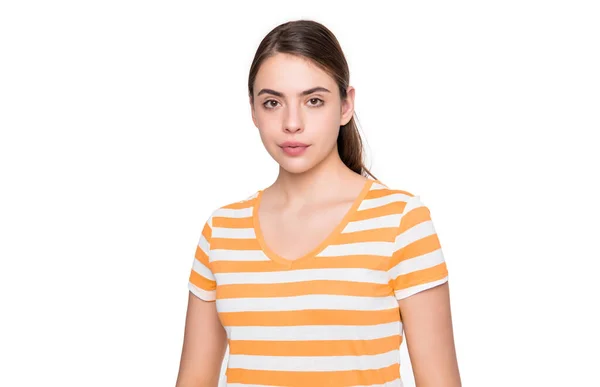 Young Girl Summer Striped Tshirt Isolated White Background — Stock Fotó