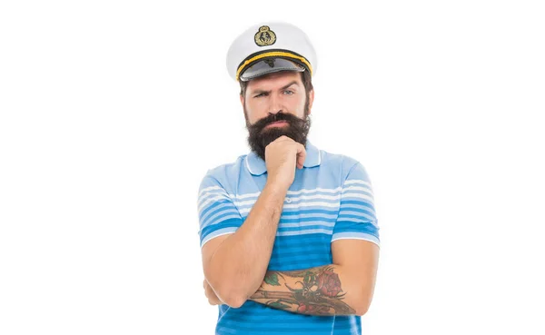 Thoughtful Man Wearing Captain Hat Bearded Man Thinking Isolated White — 스톡 사진