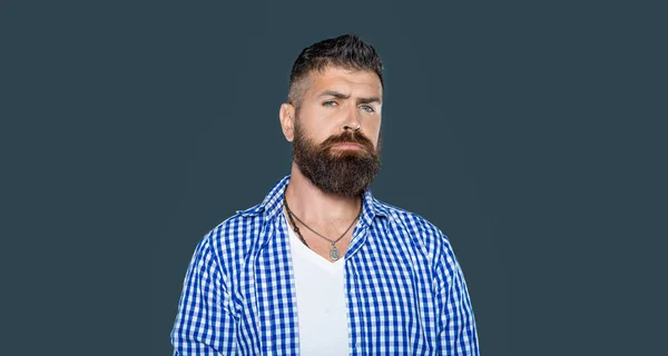 Mustasch Man Bära Rutig Skjorta Grå Bakgrund — Stockfoto