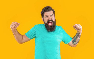 Sarıya sakallı saldırgan bir adamın portresi. Stüdyoda sakallı vahşi bir adamın portresi. Arka planda sakallı vahşi bir adamın portresi. Sakallı vahşi bir adamın portresi..