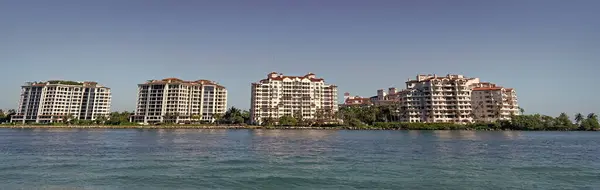 stock image Fisher Island skyline with buildings seen from bay in South Beach, USA.