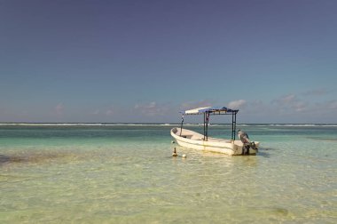 Plajda beyaz deniz teknesiyle yaz tatili. Seyahat teknesiyle yaz tatili. Deniz teknesiyle yaz tatilinin fotoğrafı. Deniz teknesiyle yaz tatili.