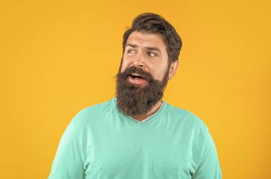 Arka planda şaşırmış sakallı adamın portresi. Sakallı adamın portresi. Sarıda izole edilmiş sakallı adamın portresi. Stüdyoda sakallı adamın portresi.