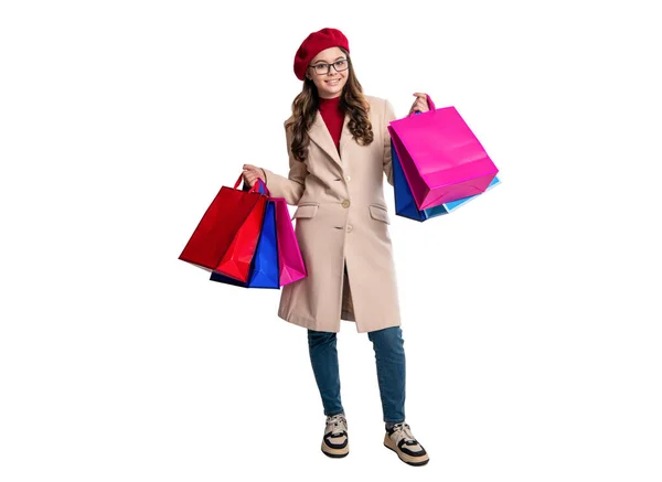 Jesienna Sprzedaż Rabat Dla Nastolatki Dziewczyna Zakupoholiczka Iść Zakupy Torbami — Zdjęcie stockowe