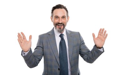 Başarılı bir patron jesti. Başarılı bir iş. İşletme yöneticisi. Stüdyoda profesyonel iş adamı. İş başarısı. Takım elbiseli bir işletmeci beyazdan izole edilmiş. Olgun iş adamı.