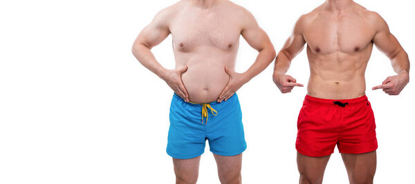 фото до и после сравнения тела, пространство для копирования. до и после сравнения тел изолированы на белом. до и после сравнения тел мужчин в студии. обрезанные мужчины до и после