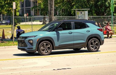 Miami Beach, Florida USA - April 15, 2021: blue chevrolet trailblazer RS suv vehicle, side view.