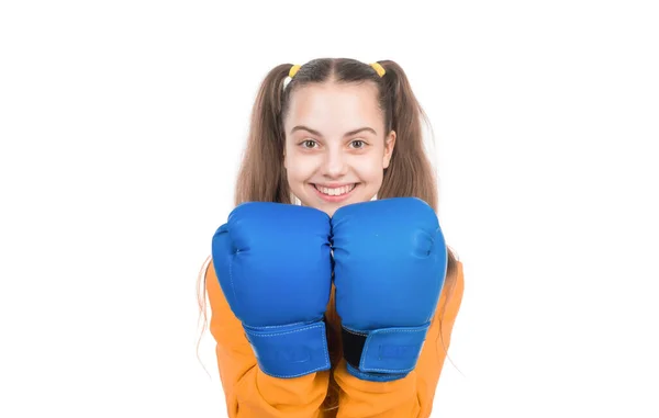Happy Child Boxer Boxing Gloves Ready Fight Punch Isolated White — Stok fotoğraf