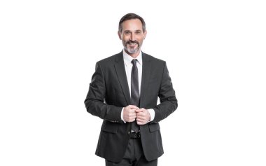 Beyaz arka planda izole edilmiş neşeli olgun iş adamı. Stüdyoda takım elbiseli bir iş adamı. Profesyonel iş adamının fotoğrafı. Takım elbiseli Kafkas işadamı.