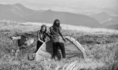 Teamwork concept. Attach necessary structural components tent. Almost done. Group friends set up tent on top mountain. Camping hiking. Hiking activity. Helpful to have partner for raising tent.