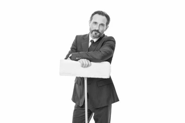 Professional Man Standing Cleaning Mop Isolated White Studio Businessman Running — Stock Photo, Image