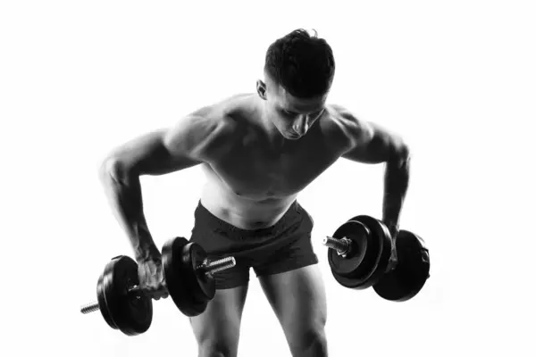 Sportbeoefening Studio Sportman Met Halters Biceps Triceps Sport Oefening Man — Stockfoto
