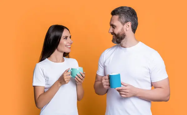 cheerful couple of man and woman drinking morning coffee. Morning drink. Good morning. couple enjoying coffee in morning.