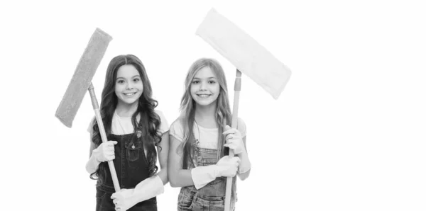 Get Rid Dust Helpful Kids Cleaning Together Girls Protective Gloves — Stock Photo, Image