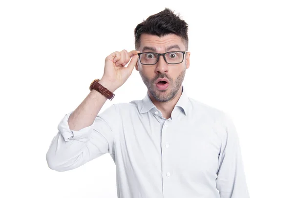 Überraschte Mann Brille Isoliert Auf Weißem Hintergrund Überraschter Mann Mit — Stockfoto