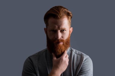 Gri arka planda uzun sakallı ciddi bir adam. Sakallı adamın stüdyo fotoğrafı. Sakal bakımı. Sakallı yakışıklı adam..