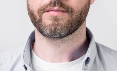 Sakallı adamın yakın plan fotoğrafı. Sakallı, sıradan tişörtlü bir adam. Gri arka planda sakallı bir adam. Stüdyoda sakallı bir adam..