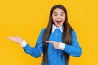 Genç kız ürünleri fotokopi alanıyla sunuyor. Kız işaret ediyor. Genç öğrenci şaşırdı. Ürün sunmak ve sunmak. Üniformalı genç kız reklam yapıyor. Geçiş izni satışı.