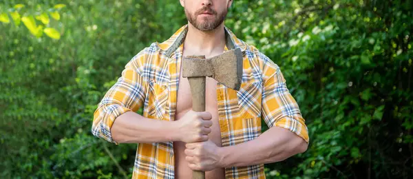 stock image cropped view of lumberjack with axe outdoor. photo of lumberjack with axe. lumberjack with axe. lumberjack with axe wearing checkered shirt.