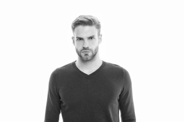 Kirli sakallı adam beyazda izole edilmiş. Stüdyoda sakallı bir adam. Arka planda sakallı bir adam. Sakallı bir adamın fotoğrafı..