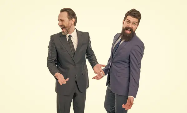 Are you kidding me. Men bearded wear formal suits. Well groomed business men laughing. Partnership and teamwork. Men successful entrepreneurs white background. Business team. Business people concept.