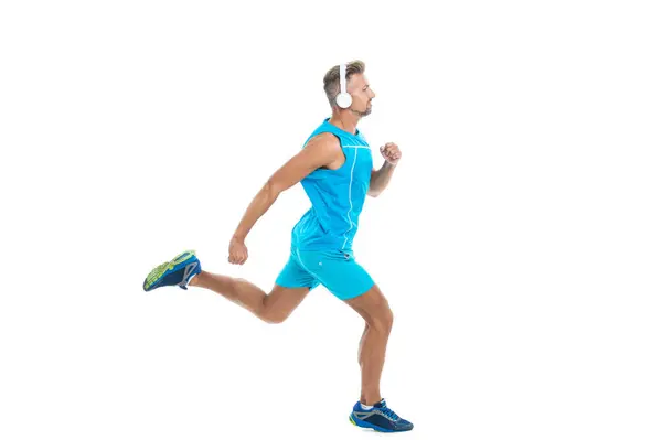 Αθλητής Δρομέας Ακούει Μουσική Στα Ακουστικά Δρομέας Έτρεξε Στην Προπόνηση — Φωτογραφία Αρχείου