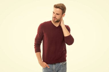 charismatic caucasian guy in studio. caucasian guy on background. photo of caucasian guy with stubble. caucasian guy isolated on white.