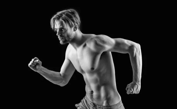 Homem Musculoso Correr Para Frente Foto Homem Com Sixpack Muscular — Fotografia de Stock