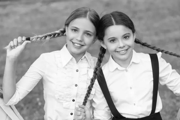Schoolgirl Portrait Two Happy Braided Teen Children Schoolgirls Outdoor Friendship — Stock Photo, Image