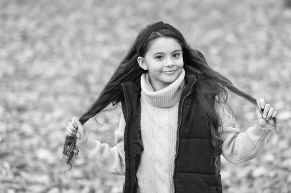 Happy Girl Holding Hair Autumn Outdoors Teen Girl Wearing Long — Stock Photo, Image