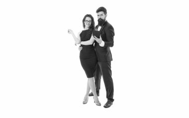Happy together. Share sincere feelings. True love concept. Happy couple in love formal outfit black dress white background. Make her happy. Happy valentines day. Hipster giving red heart love symbol.