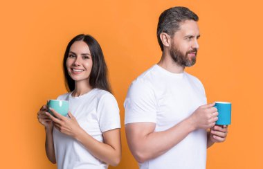 Happy couple enjoying coffee in morning. Couple of man and woman drinking morning coffee. Morning drink. Good morning.