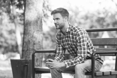 Parktaki bankta kahve fincanı olan kareli gömlekli genç adam..