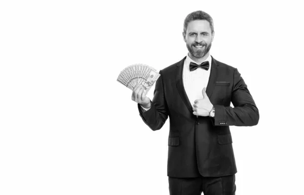 Rich Man Tuxedo Money Isolated White Background Copy Space Rich — Stock Photo, Image