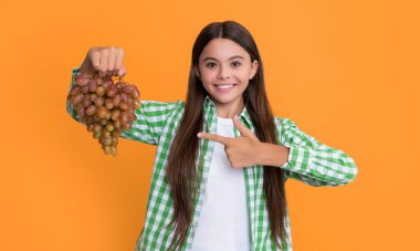 Sarı arka planda üzüm demeti olan gülümseyen çocuk. diyet.