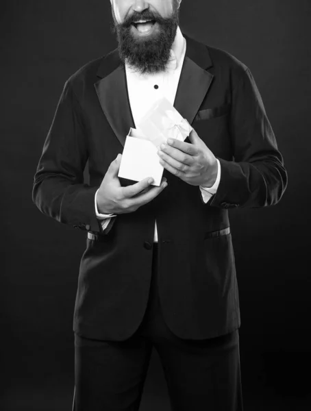 Glad Cropped Man Tuxedo Bow Tie Formalwear Black Background Box — Foto de Stock