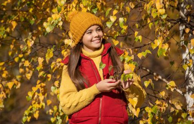 Okul zamanındaki mutlu genç kız, sonbahar yapraklarıyla dışarıda..